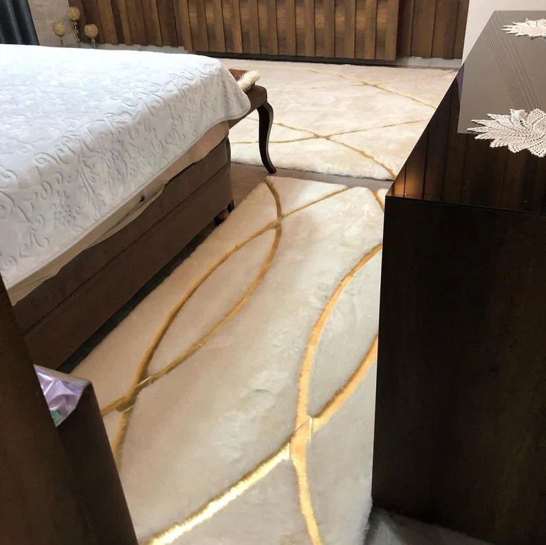 Luxury White and Gold Fluffy Plush Rug, Handmade Faux Fur Bedroom Rug