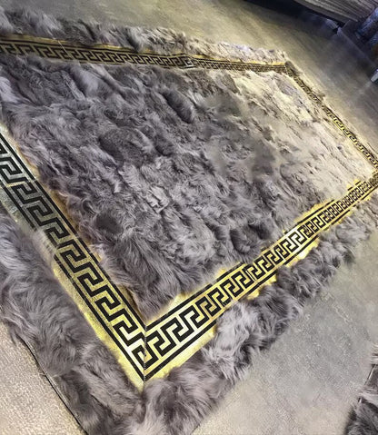 Beige and Gold Genuine Leather Runner Rug, Natural Sheepskin Handmade Rug