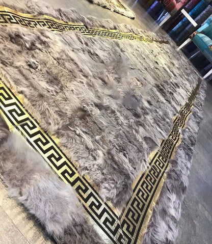 Beige and Gold Genuine Leather Runner Rug, Natural Sheepskin Handmade Rug