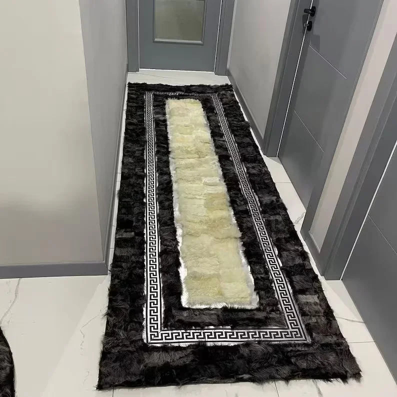 Black White 100% Genuine Leather Handmade Runner Rug, Real Sheepskin Elegance