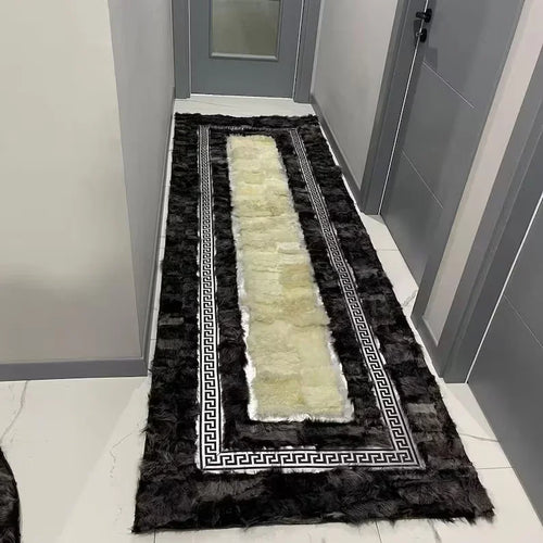 Black White 100% Genuine Leather Handmade Runner Rug, Real Sheepskin Elegance