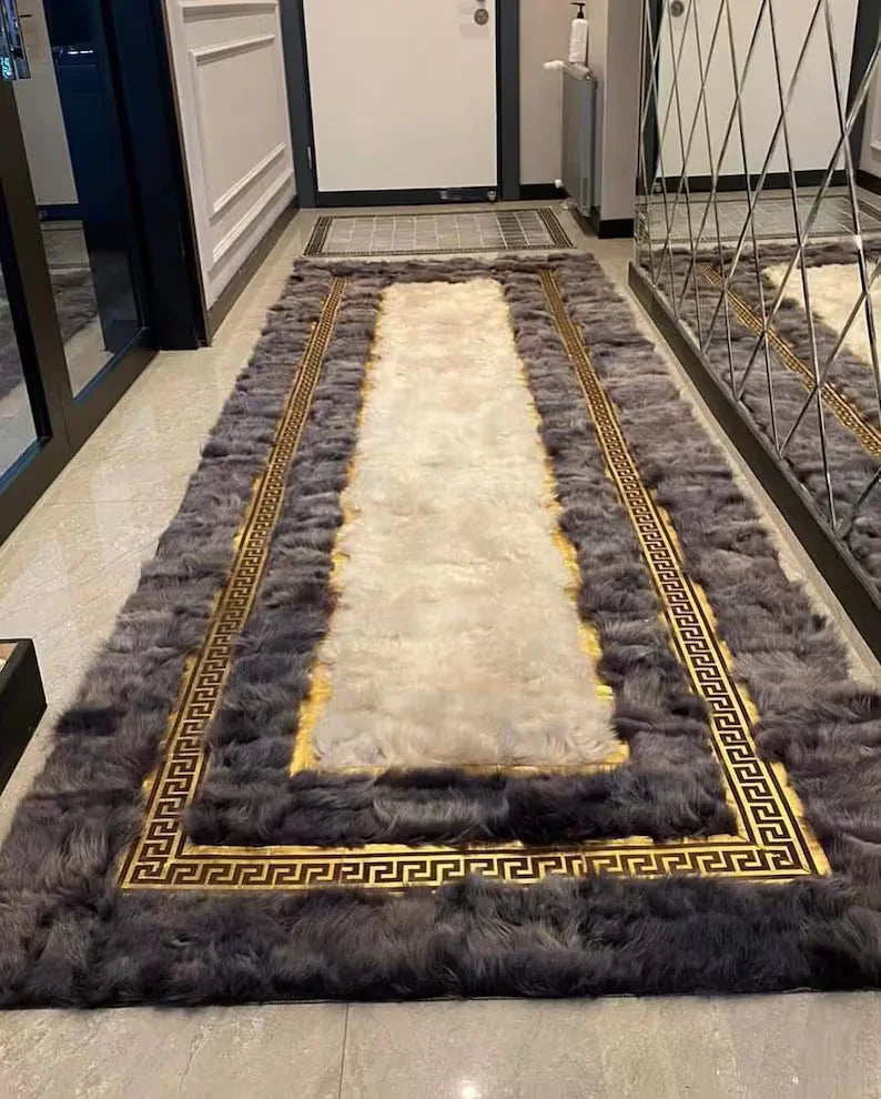 Gray and Cream Natural Sheepskin Runner Rug, Handmade Luxury Hallway Rug
