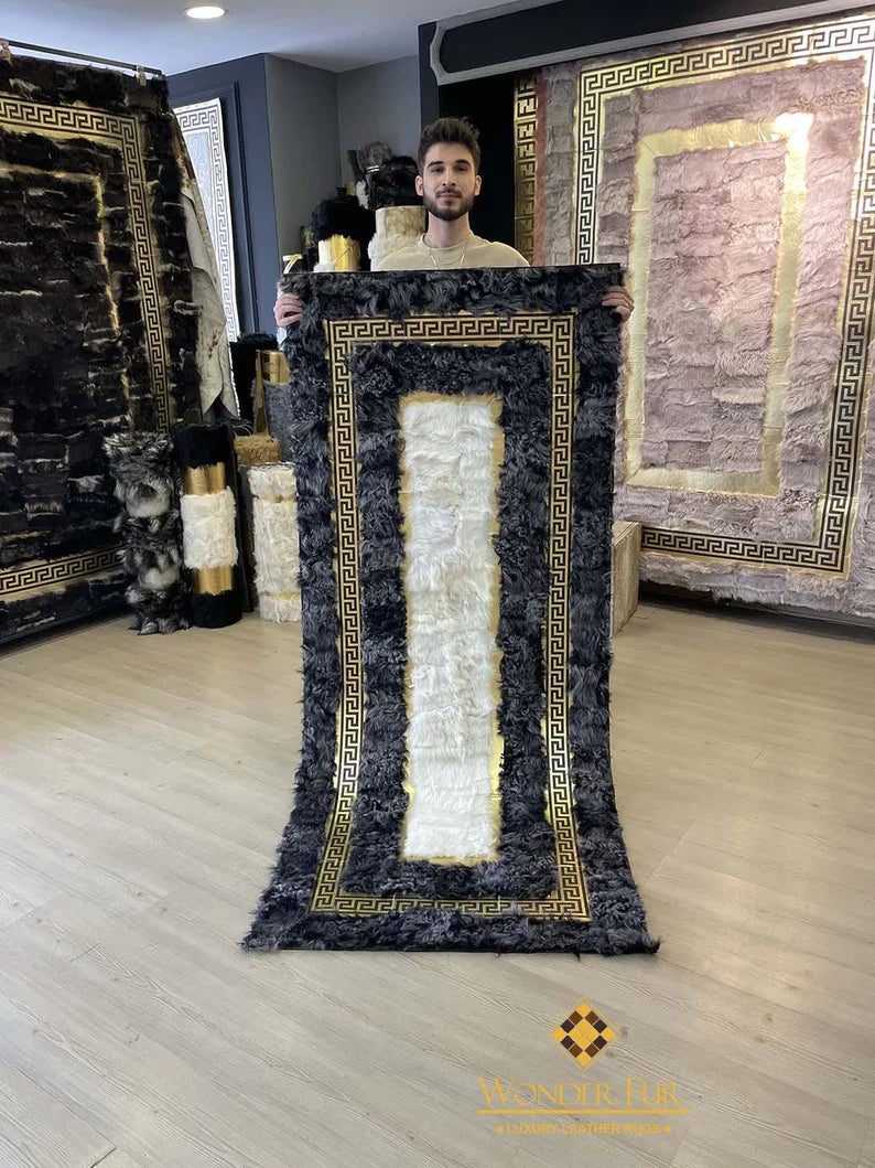 Gray White Fluffy Natural Sheepskin Coridor3x10 Rug, Handmade Runner Rug