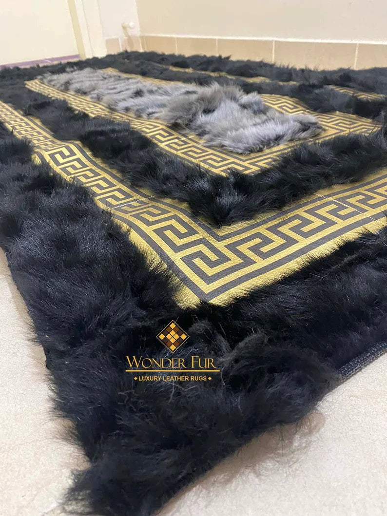 Luxury Black Gold 100% Genuine Sheepskin Runner Rug, Soft Shaggy Handmade Rug