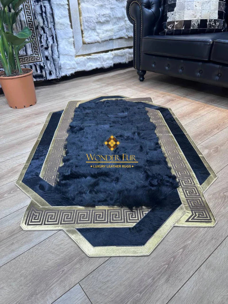 Unique Black Gold Real Sheepskin Area Rug, Shaggy Fluffy Handmade Luxury Rug