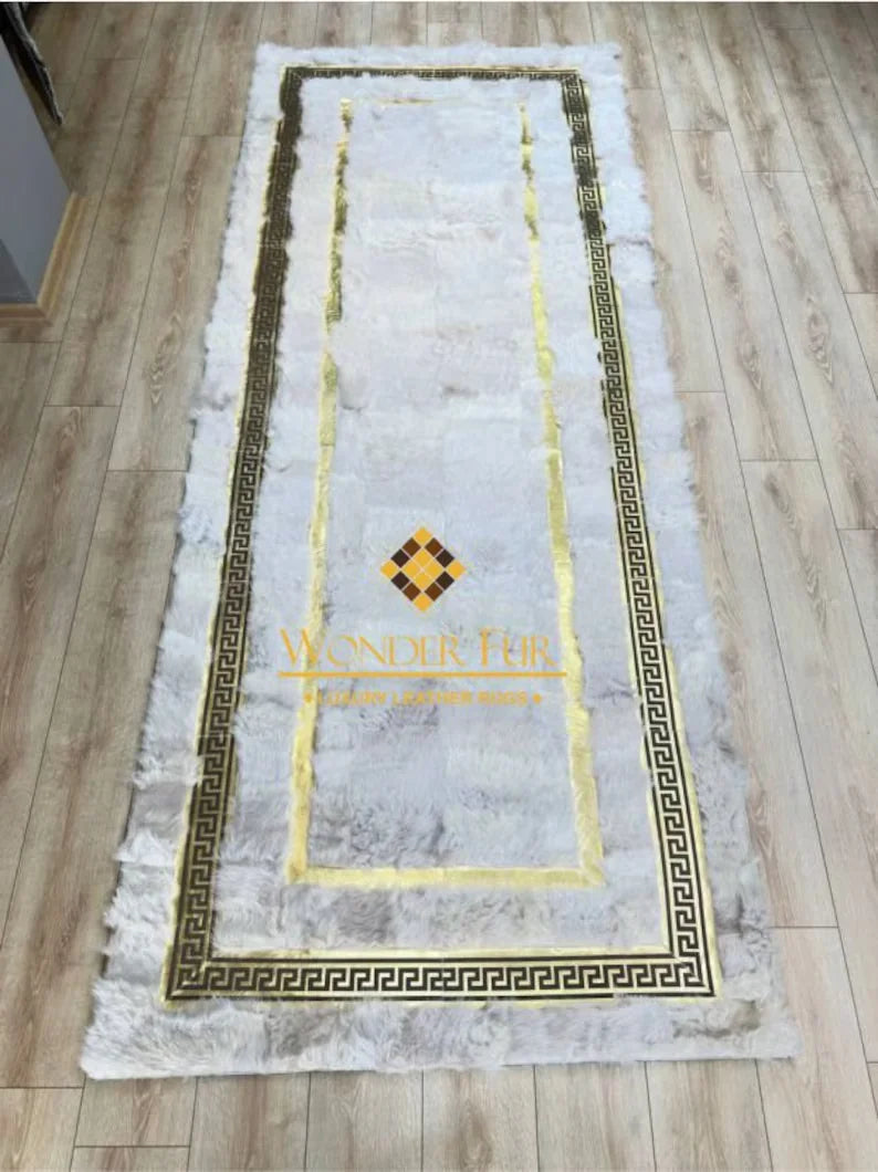Luxury White Gold Natural Sheepskin Runner Rug, Handmade Soft Bohemian Rug