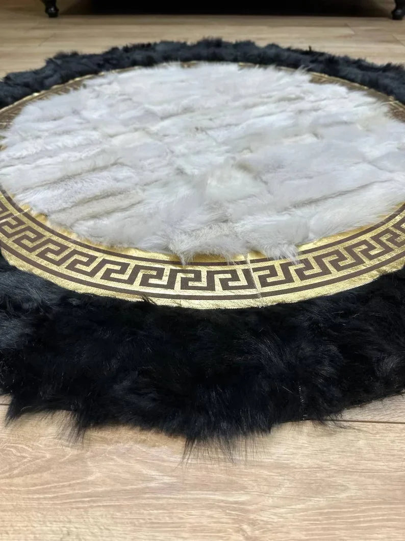 Black White Natural Sheepskin Round Rug, Handmade Real Sheepskin Area Rug