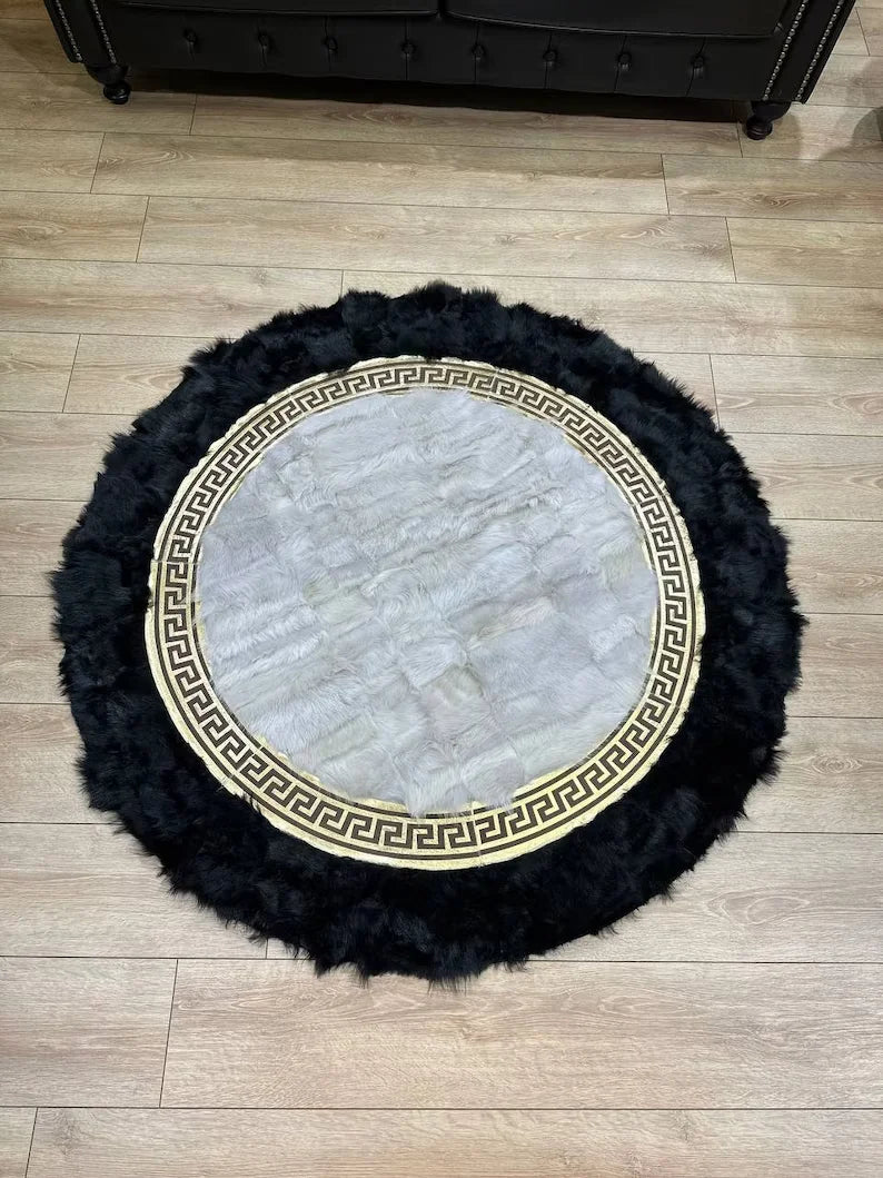 Black White Natural Sheepskin Round Rug, Handmade Real Sheepskin Area Rug
