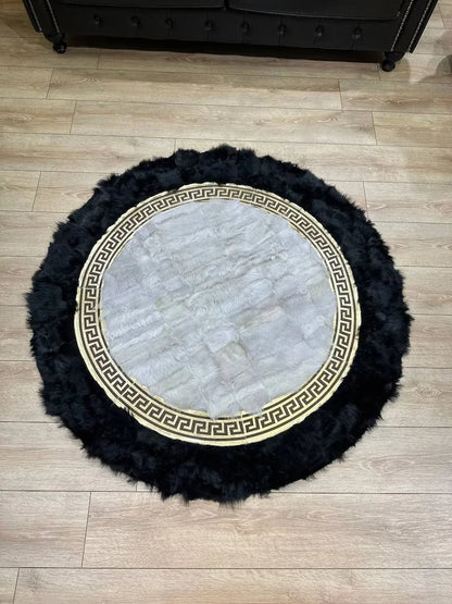 Black White Natural Sheepskin Round Rug, Handmade Real Sheepskin Area Rug