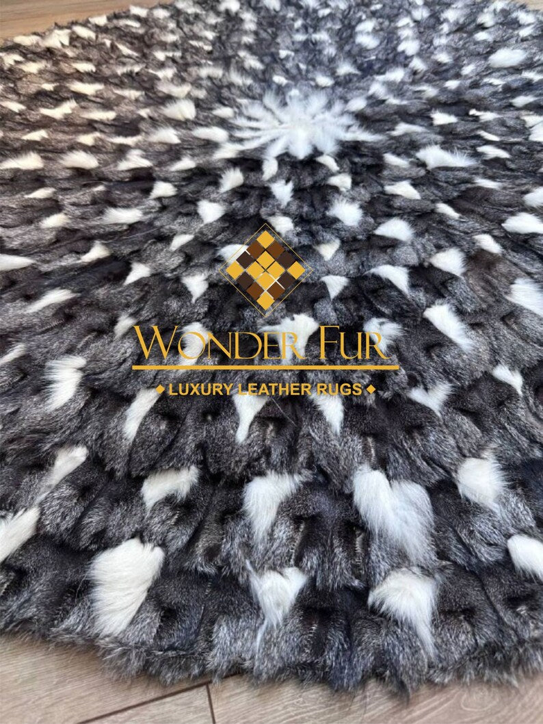 Gray White Round Shaggy Fox Fur Rug, Luxury Handamde Natural Carpet