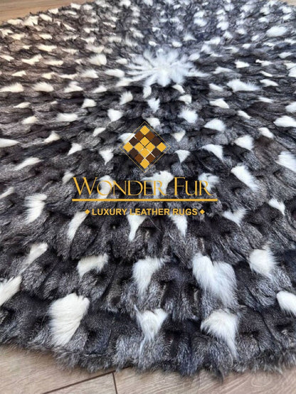 Gray White Round Shaggy Fox Fur Rug, Luxury Handamde Natural Carpet