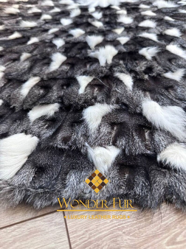 Gray White Round Shaggy Fox Fur Rug, Luxury Handamde Natural Carpet