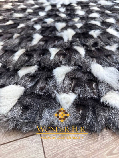 Gray White Round Shaggy Fox Fur Rug, Luxury Handamde Natural Carpet