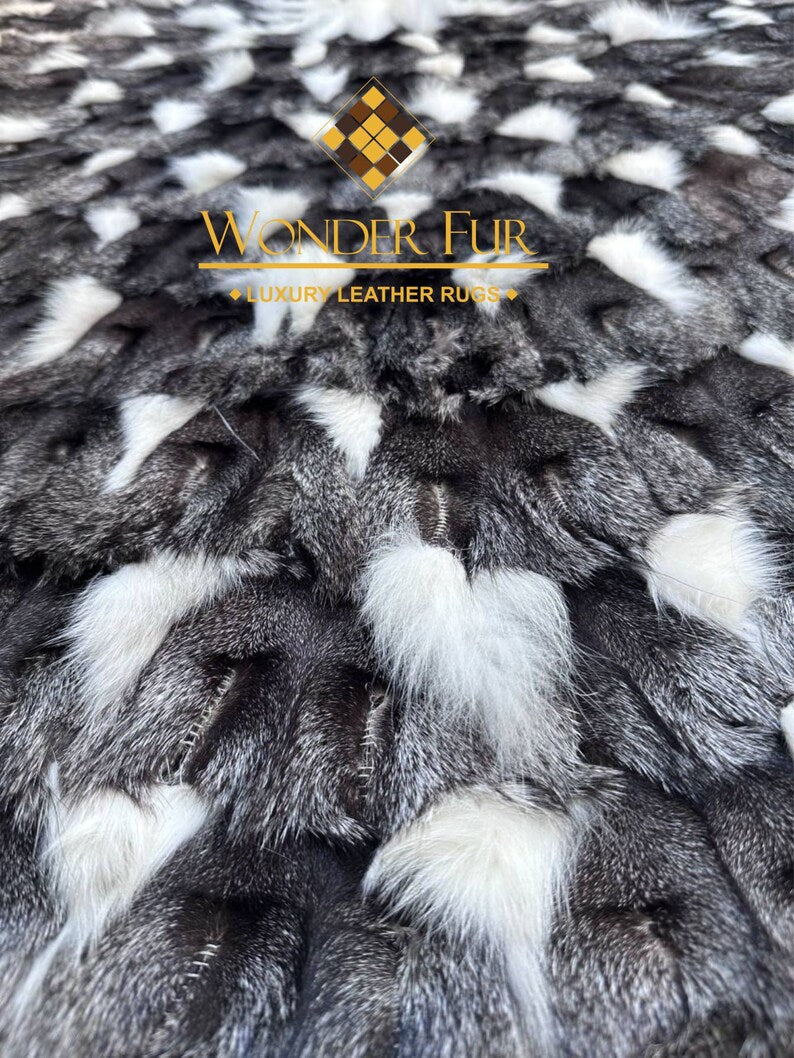 Gray White Round Shaggy Fox Fur Rug, Luxury Handamde Natural Carpet