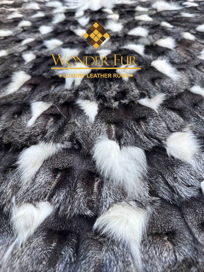 Gray White Round Shaggy Fox Fur Rug, Luxury Handamde Natural Carpet