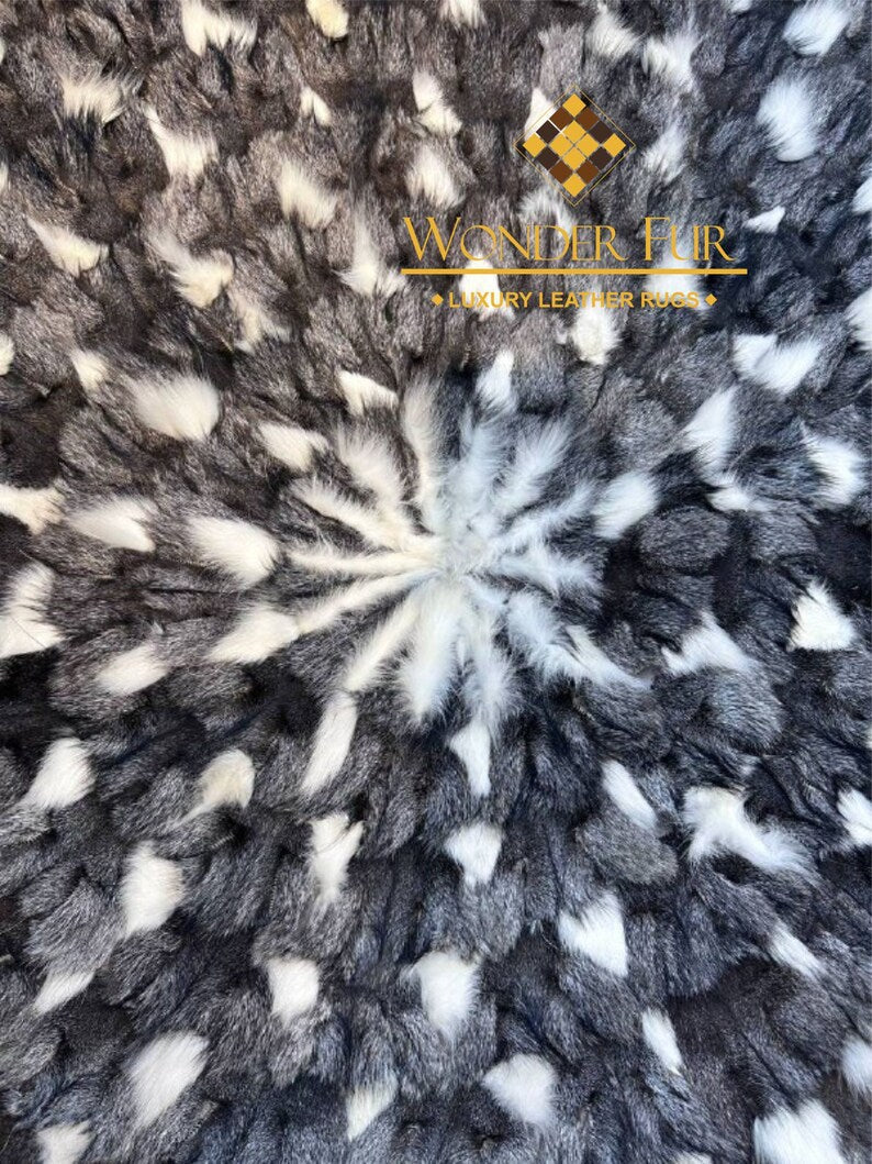 Gray White Round Shaggy Fox Fur Rug, Luxury Handamde Natural Carpet