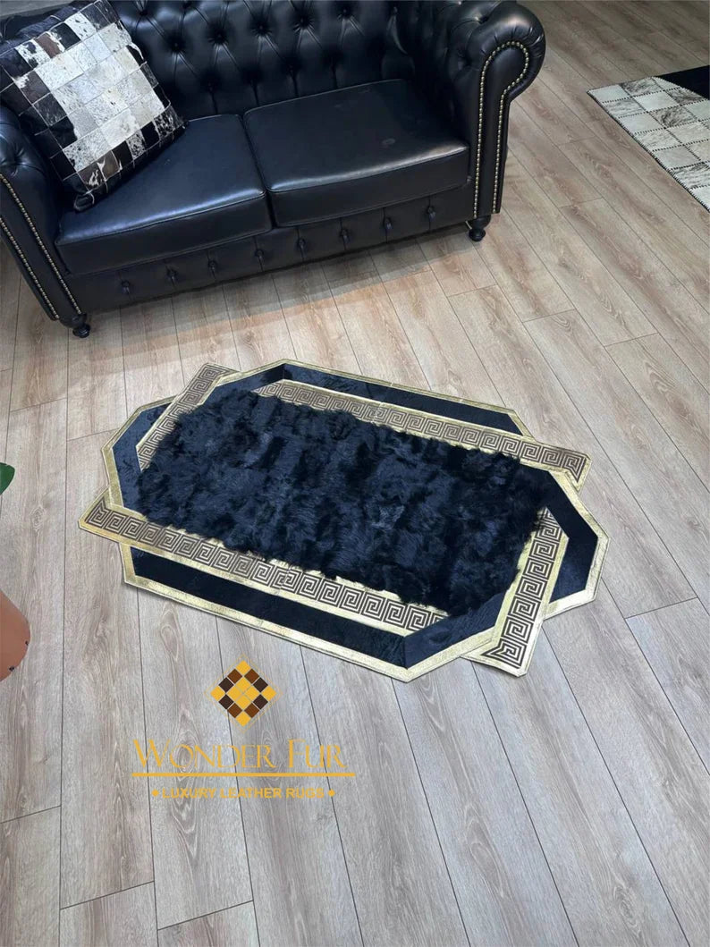 Unique Black Gold Real Sheepskin Area Rug, Shaggy Fluffy Handmade Luxury Rug