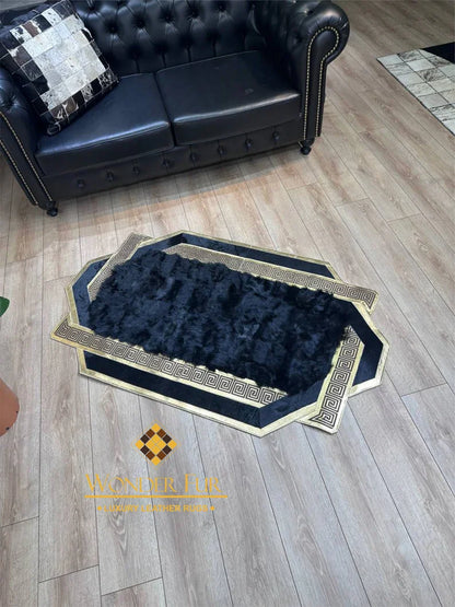 Unique Black Gold Real Sheepskin Area Rug, Shaggy Fluffy Handmade Luxury Rug