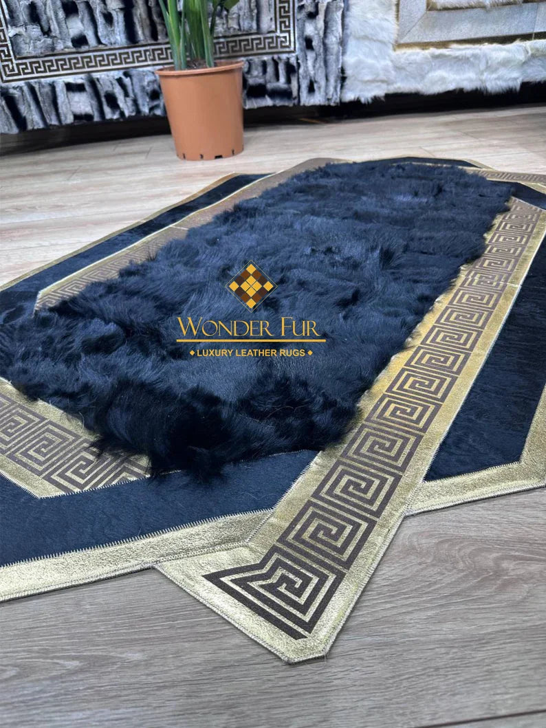 Unique Black Gold Real Sheepskin Area Rug, Shaggy Fluffy Handmade Luxury Rug