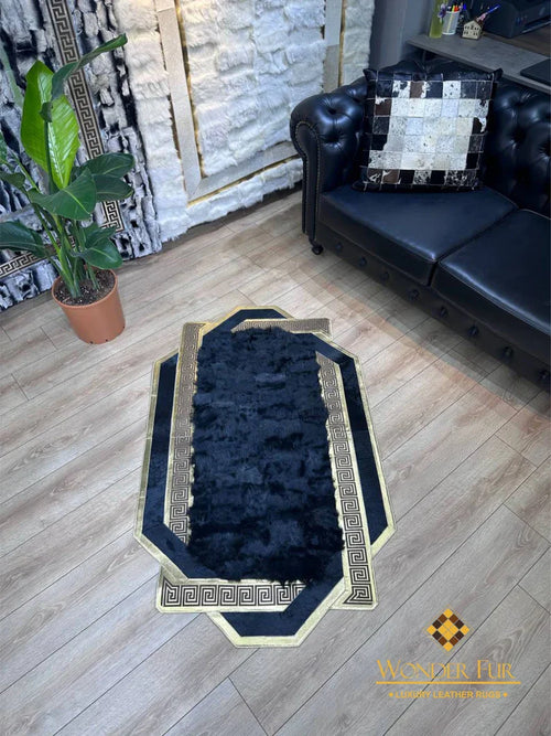 Unique Black Gold Real Sheepskin Area Rug, Shaggy Fluffy Handmade Luxury Rug