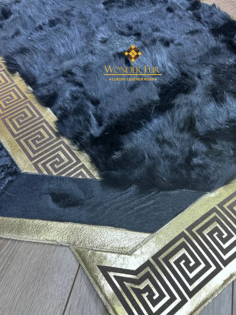 Unique Black Gold Real Sheepskin Area Rug, Shaggy Fluffy Handmade Luxury Rug
