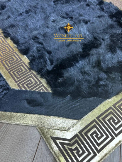 Unique Black Gold Real Sheepskin Area Rug, Shaggy Fluffy Handmade Luxury Rug
