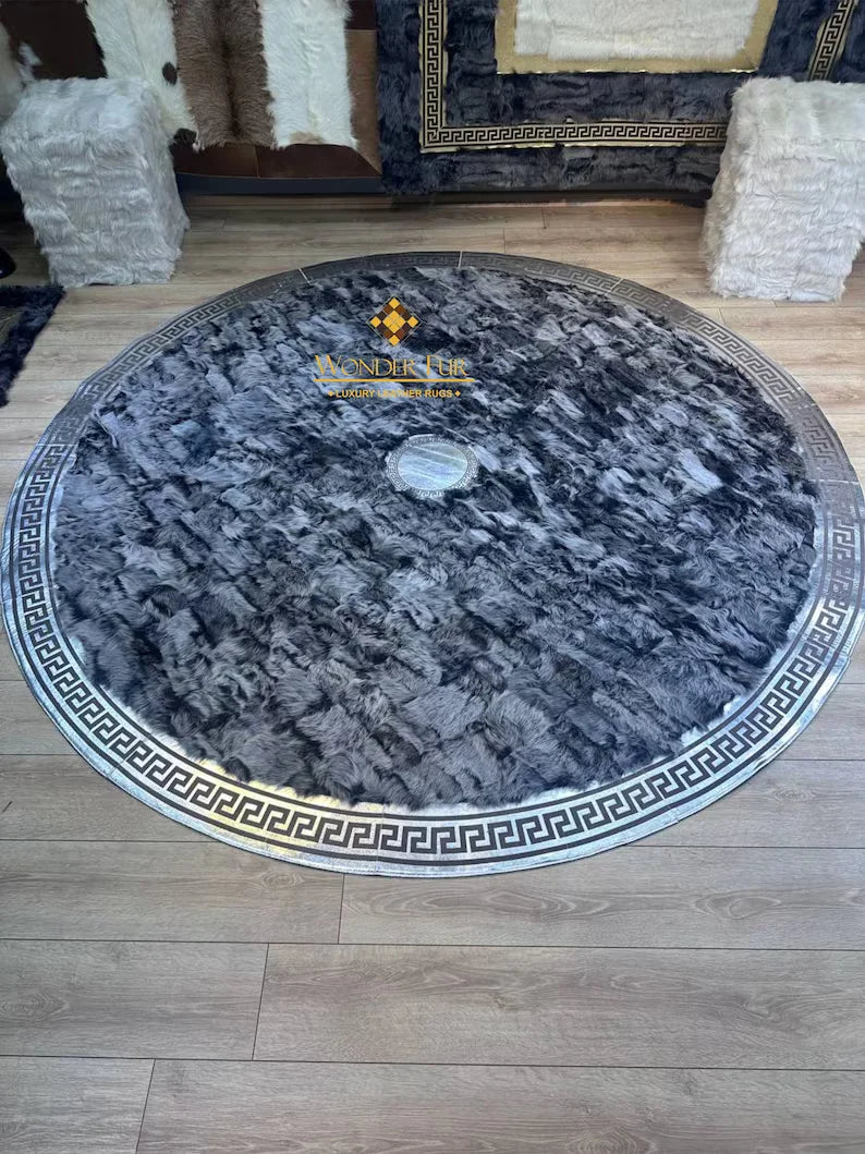 Gray Large 100% Genuine Sheepskin Round Rug, Handmade Soft Shaggy Area Rug