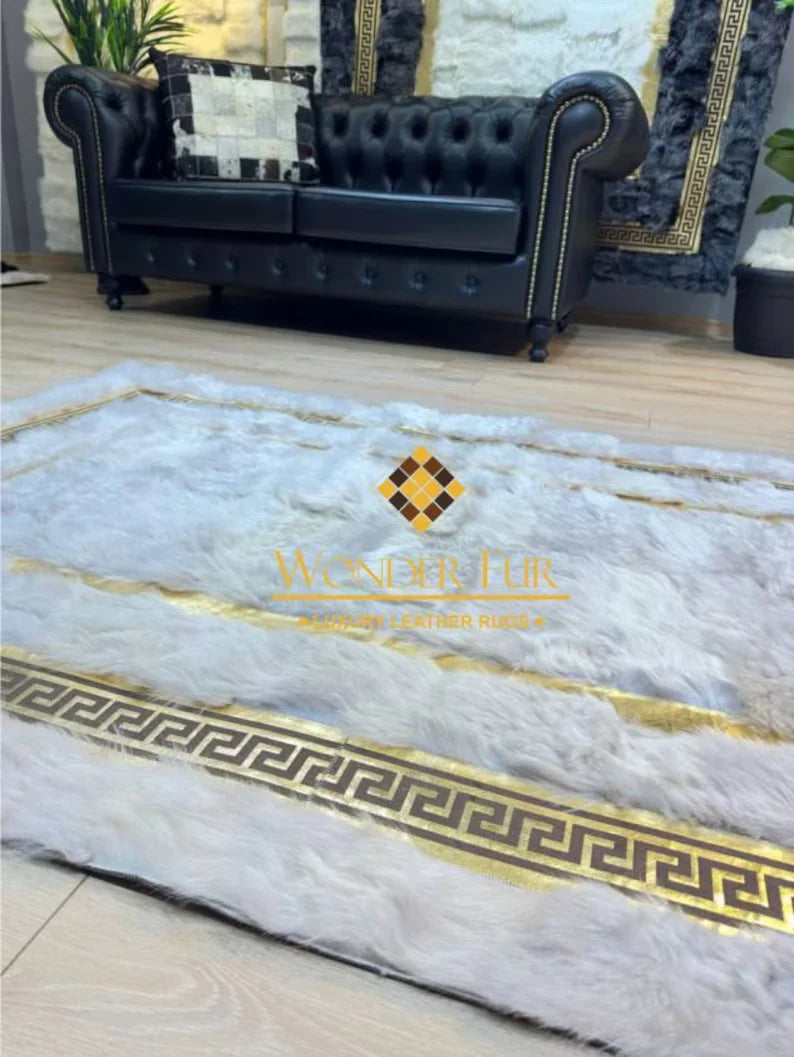 Luxury White Gold Natural Sheepskin Runner Rug, Handmade Soft Bohemian Rug