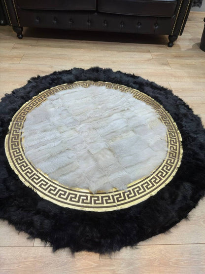 Black White Natural Sheepskin Round Rug, Handmade Real Sheepskin Area Rug
