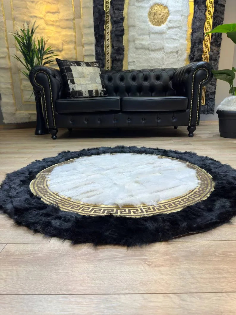 Black White Natural Sheepskin Round Rug, Handmade Real Sheepskin Area Rug
