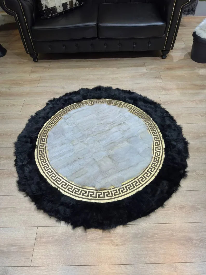 Black White Natural Sheepskin Round Rug, Handmade Real Sheepskin Area Rug
