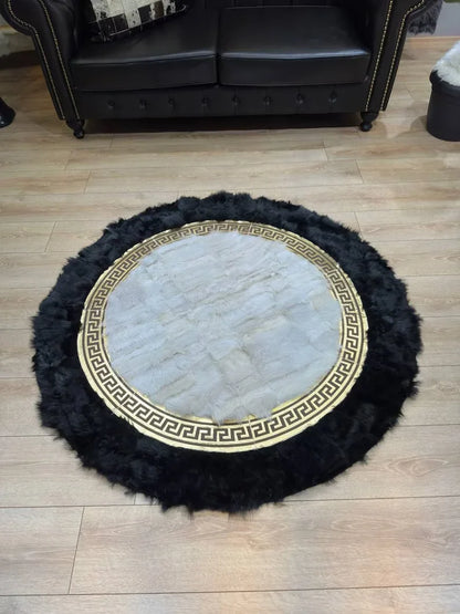 Black White Natural Sheepskin Round Rug, Handmade Real Sheepskin Area Rug