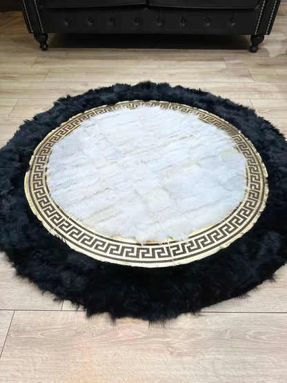 Black White Natural Sheepskin Round Rug, Handmade Real Sheepskin Area Rug