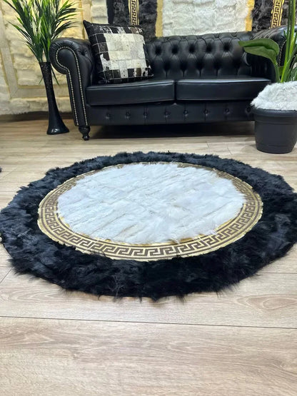 Black White Natural Sheepskin Round Rug, Handmade Real Sheepskin Area Rug