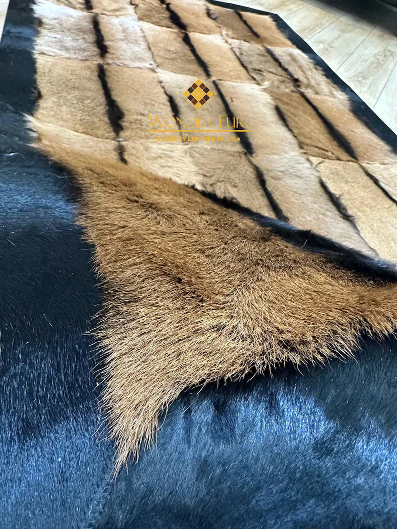 Luxury Genuine Goatskin Brown Area Rug with Black Border, Fluffy Handmade Rug