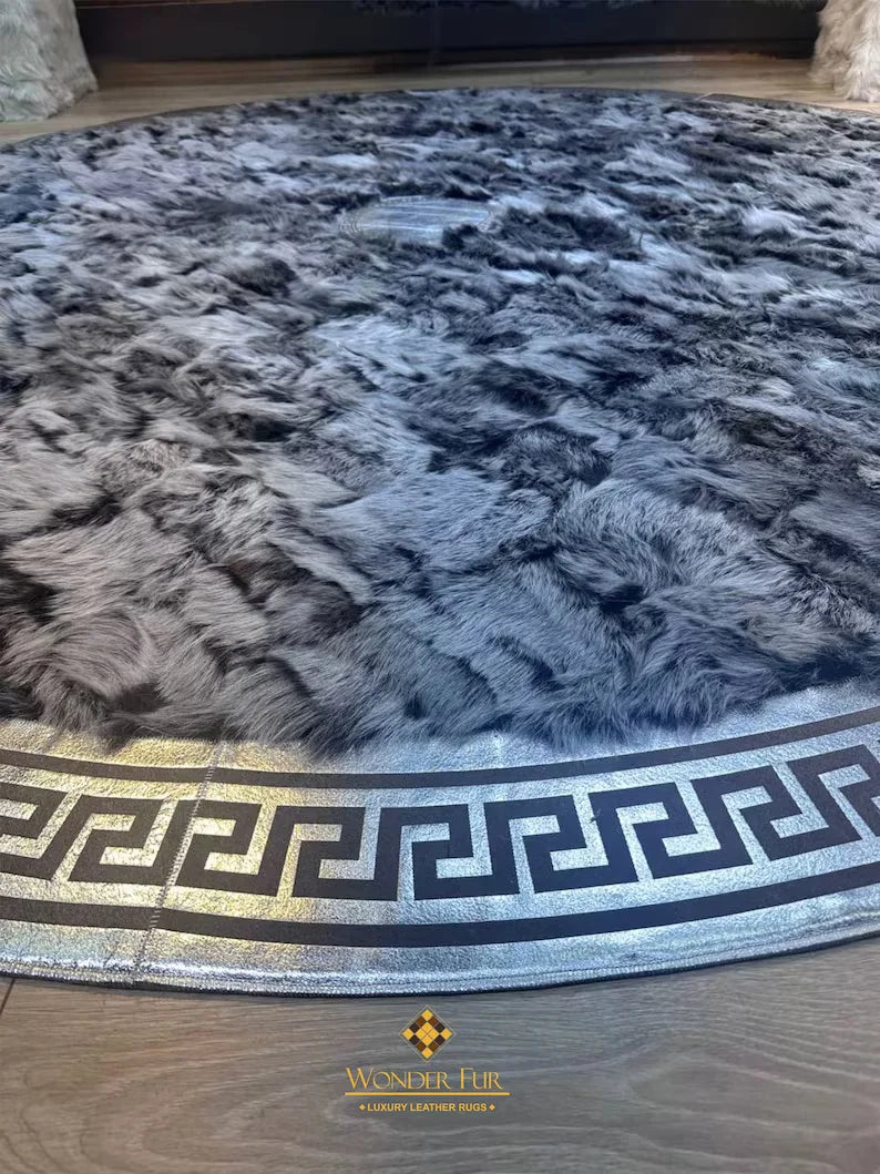 Gray Large 100% Genuine Sheepskin Round Rug, Handmade Soft Shaggy Area Rug