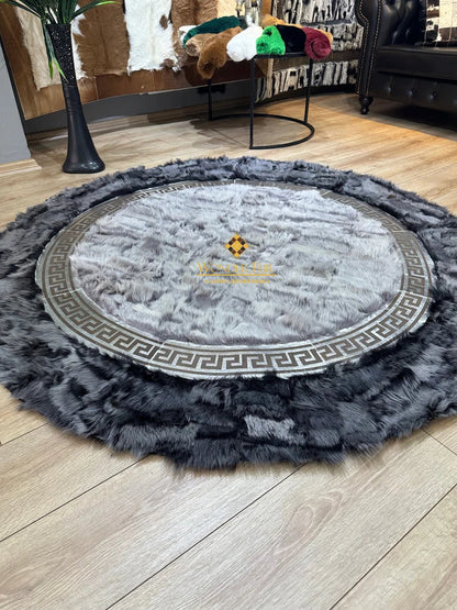 Gray Natural Sheepskin Handmade Round Rug for Entrance, Ultra Soft Non Slip Rug