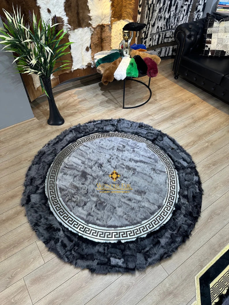 Gray Natural Sheepskin Handmade Round Rug for Entrance, Ultra Soft Non Slip Rug