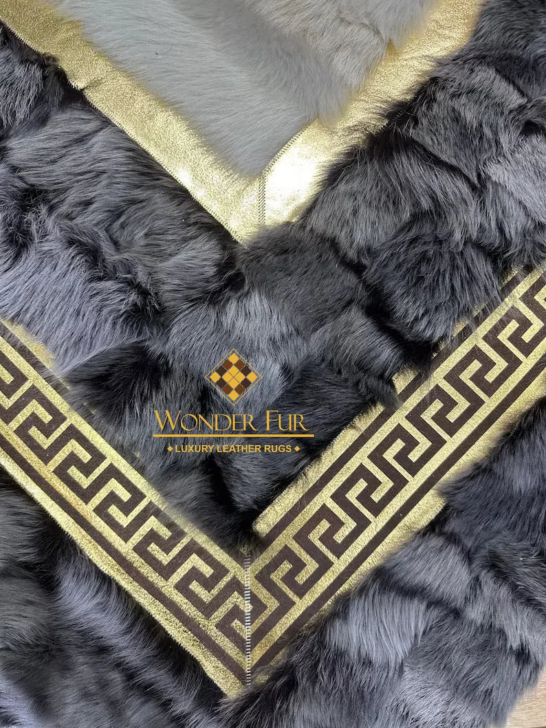 Luxury Gray White Natural Leather Area Rug, Handmade Real Sheepskin Rug