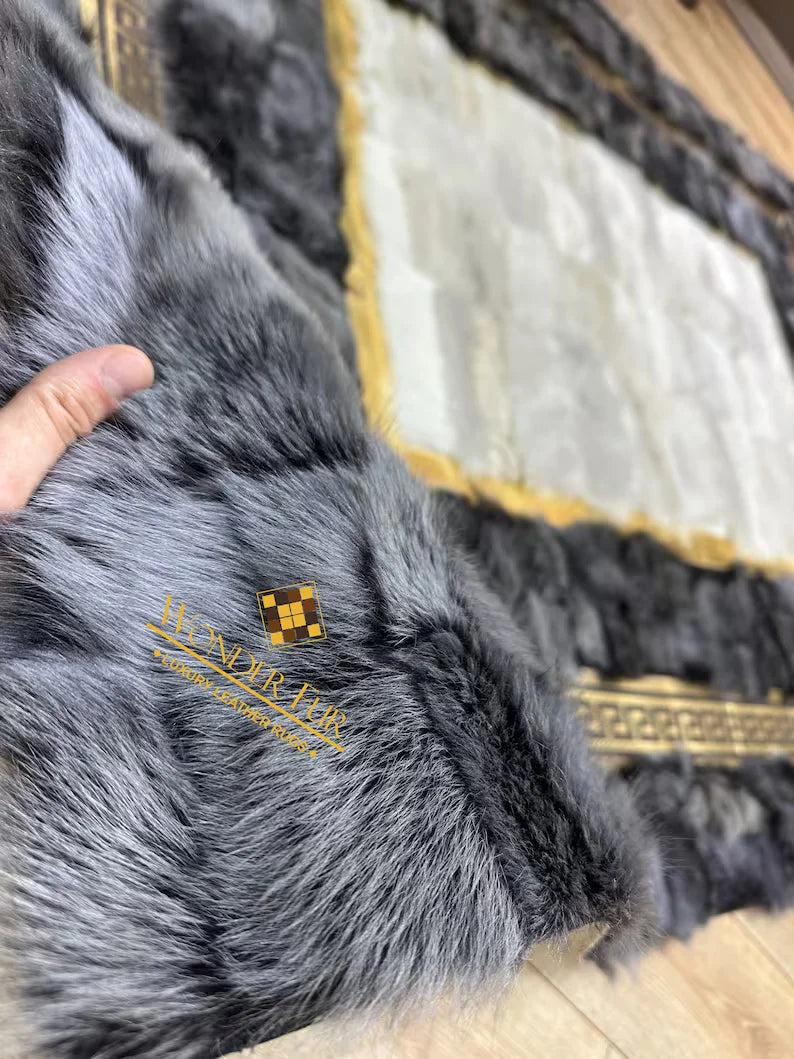 Luxury Gray White Natural Leather Area Rug, Handmade Real Sheepskin Rug