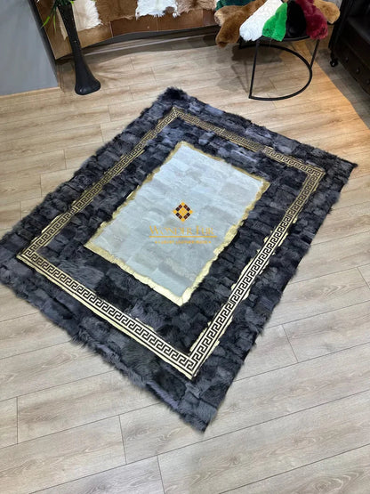 Luxury Gray White Natural Leather Area Rug, Handmade Real Sheepskin Rug