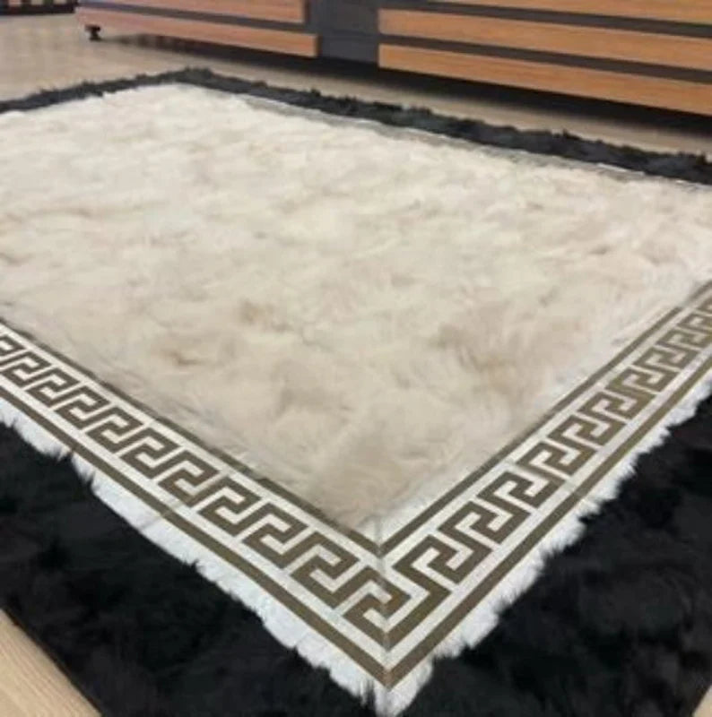 Black and White Natural Sheepskin Area Rug, Handmade Fluffy  Living Room Rug