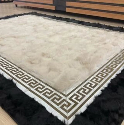 Black and White Natural Sheepskin Area Rug, Handmade Fluffy  Living Room Rug
