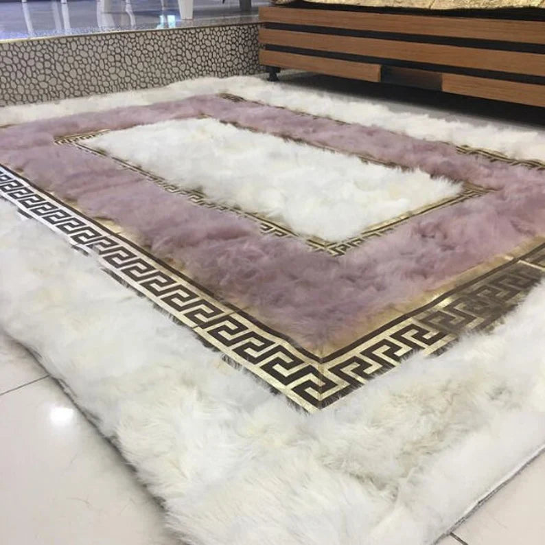 Unique White And Pink Real Sheep Skin Area Rug, Handmade Fluffy Sheepskin Rug