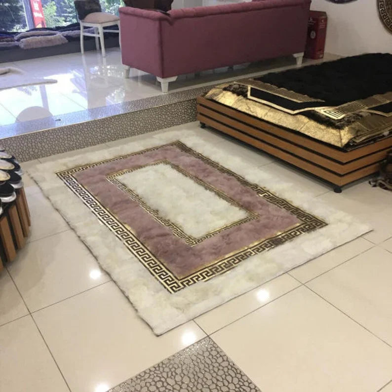 Unique White And Pink Real Sheep Skin Area Rug, Handmade Fluffy Sheepskin Rug