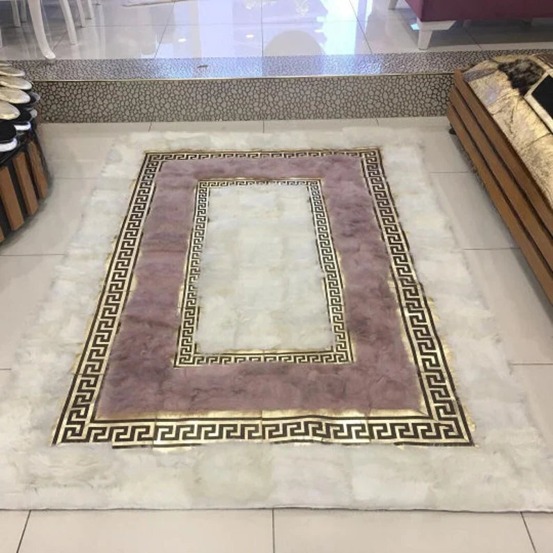Unique White And Pink Real Sheep Skin Area Rug, Handmade Fluffy Sheepskin Rug