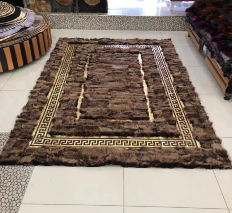 Brown Gold Sheepskin Area Rug with Greek Key Pattern, Natural Handmade Rug