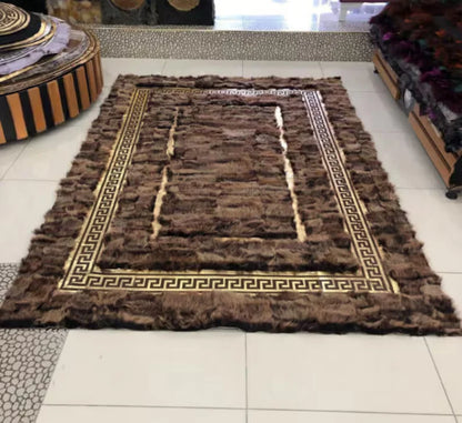 Brown Gold Sheepskin Area Rug with Greek Key Pattern, Natural Handmade Rug
