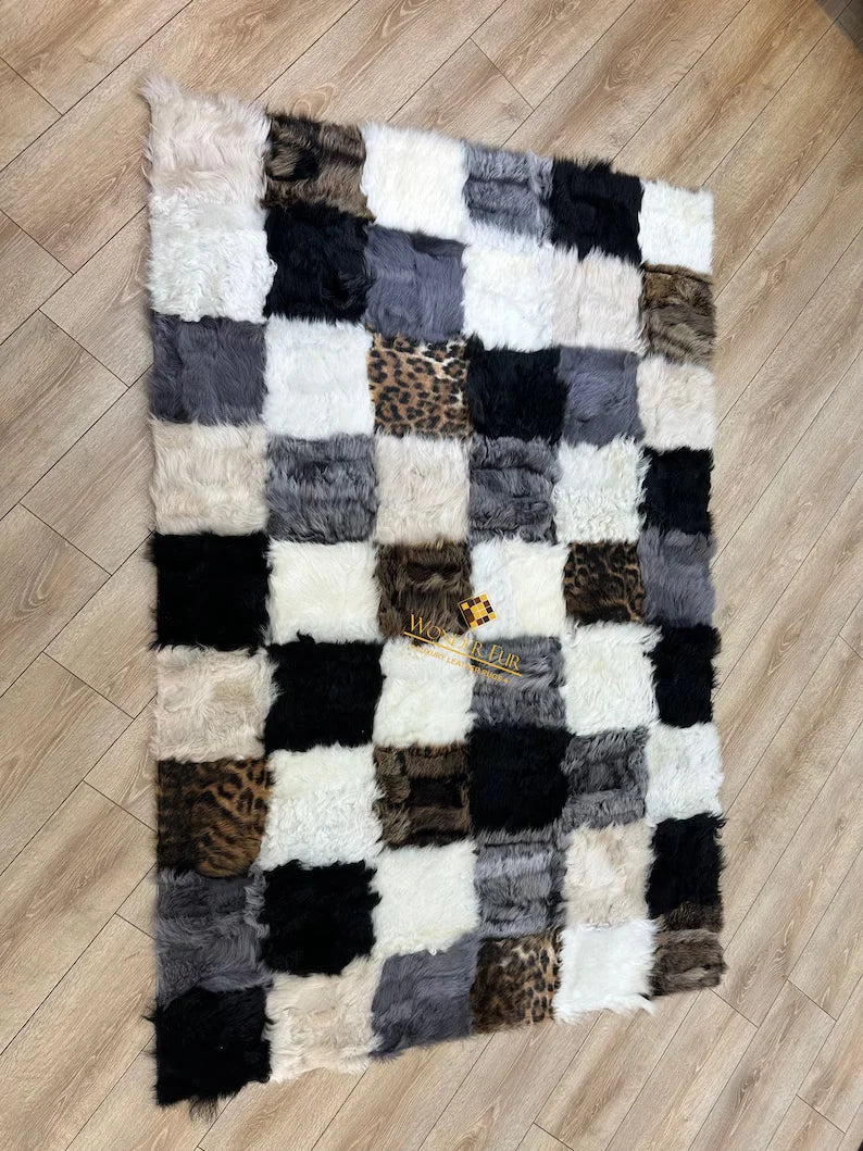 Mix Color Fluffy Natural Sheepskin 10x8 Rug, Luxury Shaggy Handmade Rug