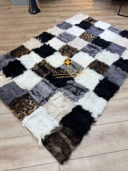 Mix Color Fluffy Natural Sheepskin 10x8 Rug, Luxury Shaggy Handmade Rug